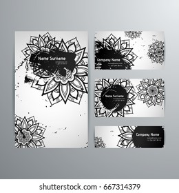 Set of vector design templates. Business card with floral circle ornament. Mandala style. Ink