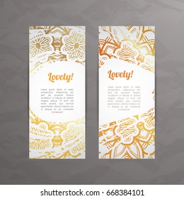 Set of vector design templates. Business card with floral circle ornament. Mandala style. Luxury gold