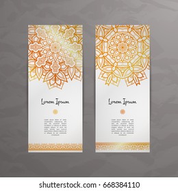 Set of vector design templates. Business card with floral circle ornament. Mandala style. Luxury gold