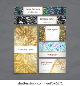 Set of vector design templates. Business card with floral circle ornament. Mandala style. Luxury gold