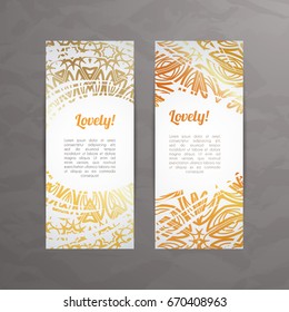 Set of vector design templates. Business card with floral circle ornament. Mandala style. Luxury gold