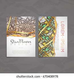 Set of vector design templates. Business card with floral circle ornament. Mandala style. Luxury gold. Torn paper