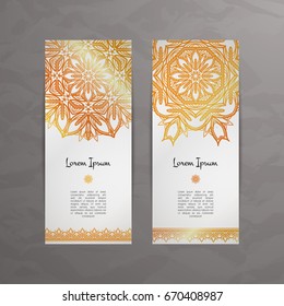 Set of vector design templates. Business card with floral circle ornament. Mandala style. Luxury gold