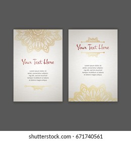 Set of vector design templates. Business card with floral circle ornament. Mandala style. Luxury gold