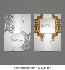Set of vector design templates. Business card with floral circle ornament. Mandala style. Torn paper