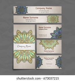 Set of vector design templates. Business card with floral circle ornament. Mandala style.