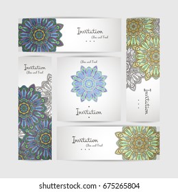 Set of vector design templates. Business card with floral circle ornament. Mandala style.