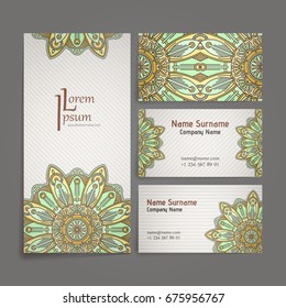 Set of vector design templates. Business card with floral circle ornament. Mandala style.