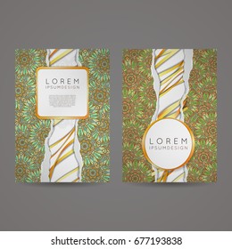 Set of vector design templates. Business card with floral circle ornament. Mandala style. Luxury gold. Torn paper