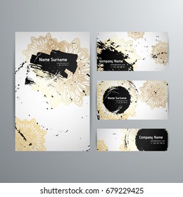 Set of vector design templates. Business card with floral circle ornament. Mandala style. Luxury gold