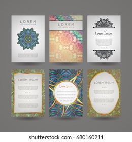 Set of vector design templates. Business card with floral circle ornament. Mandala style. Luxury gold