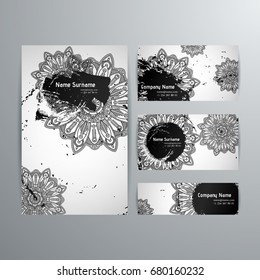 Set of vector design templates. Business card with floral circle ornament. Mandala style.
