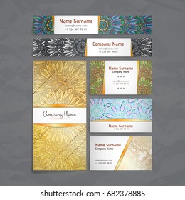 Set of vector design templates. Business card with floral circle ornament. Mandala style. Luxury gold