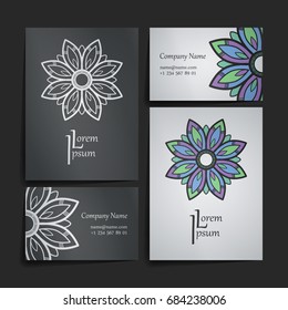 Set of vector design templates. Business card with floral circle ornament. Mandala style.