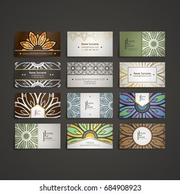 Set of vector design templates. Business card with floral circle ornament. Mandala style. Luxury Gold