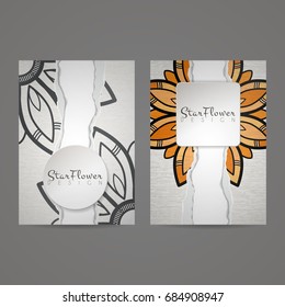 Set of vector design templates. Business card with floral circle ornament. Mandala style. Torn paper