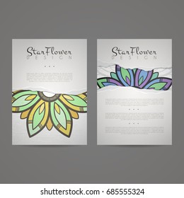 Set of vector design templates. Business card with floral circle ornament. Mandala style. Torn paper