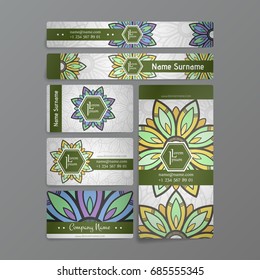 Set of vector design templates. Business card with floral circle ornament. Mandala style.