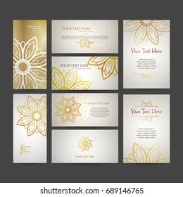 Set of vector design templates. Business card with floral circle ornament. Mandala style. Luxury Gold