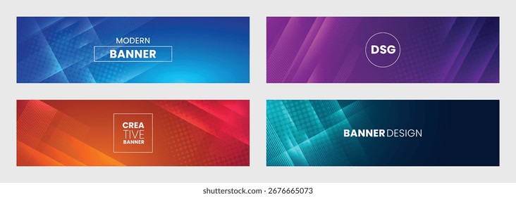 Conjunto de Plantillas de diseño de Vector con Gradientes coloridos y Formas geométricas. Ideal para encabezados de Sitio web, Anuncio de Web, Anuncios de redes sociales y fondos de presentación.