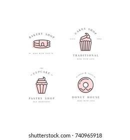 Set vector design templates and emblems - cupcake, donut and bake icon for bakery shop. Sweet shop. Logo in trendy linear style