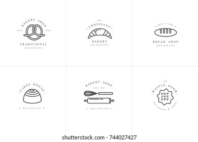 Set vector design templates and emblems - waffle, croissant and pretzel, loaf icon for bakery shop. Sweet shop. Logo in trendy linear style