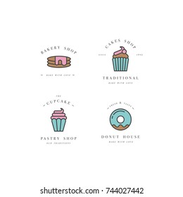 Set vector design templates and emblems - cupcake, donut and bake icon for bakery shop. Sweet shop. Logo in trendy linear style