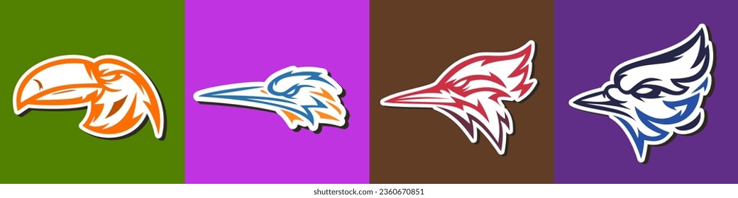 Set vector design templates mascot, sticker, label, badge, emblem or other prints. Silhouette abstract bird heads toucan, kingfisher, blue jay, woodpecker. Color illustration elements.