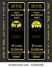 Set vector design ticket on a halloween party with pumpkins, ghost, skeleton, graves bats and spiders isolated on gray background