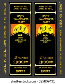 Set vector design ticket on a halloween party with pumpkins, ghost, skeleton, graves bats and spiders isolated on gray background