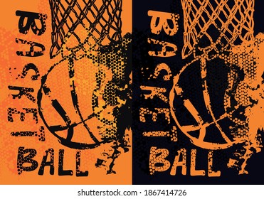 Set of vector designs for basketball. Grunge style, hoop with the ball. Sports poster template. Hand drawing.