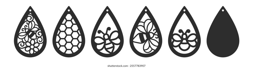 Set of vector designs with bee for teardrop earrings, pendant or keychain. Jewelry silhouette laser cut template. Cnc cutting with metal, wood or leather