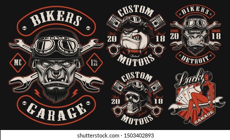 Set of vector designs for biker theme on the dark background, perfect for apparel.