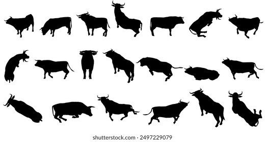 set of vector designs of bull silhouette illustrations, with several angles