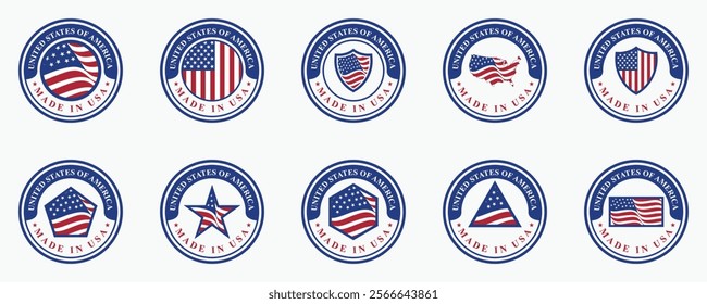 set of vector designs of circle logos of made in USA stamps with various US flag elements