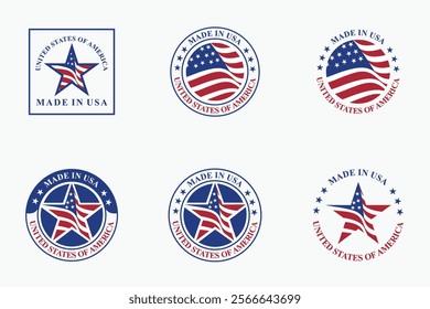 set of vector designs of circle of made in USA stamps with various US flag elements