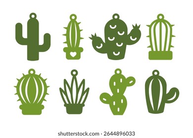 Set of vector designs with cute cactus for earrings, pendant or keychain. Botanical jewelry silhouette cutting template. Laser cutting with metal, wood or leather. Plant  jewellery stencil 