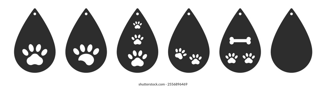 Set of vector designs with dog paw for teardrops earrings, pendant or keychain. Jewelry silhouette laser cut template. Cnc cutting with metal, wood or leather