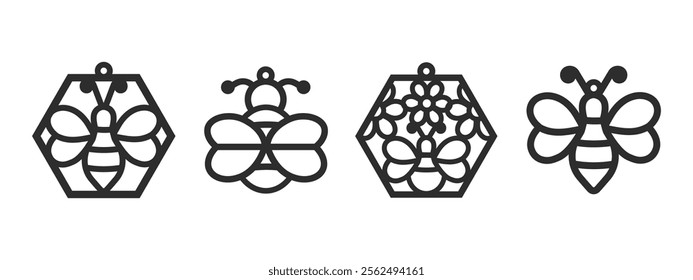 Set of vector designs for earring, pendant or keychain with bee shape. Jewelry silhouette laser cut template. Cnc cutting with metal, wood or leather