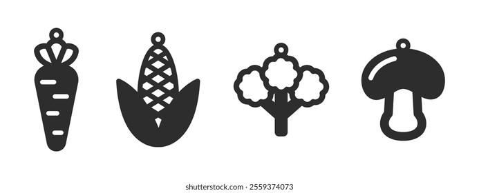 Set of vector designs for earrings, pendant or keychain with vegetables such as carrot, corn, broccoli and mushroom. Veggies jewelry silhouette cut template. Laser cutting with leather, wood or metal