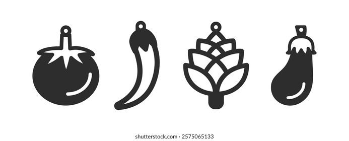 Set of vector designs for earrings, pendant or keychain with vegetables such as tomato, hot pepper, artichoke and eggplant. Veggies jewelry silhouette laser cutting template with leather wood or metal