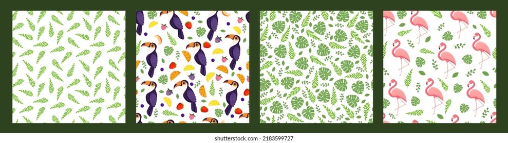 Set of vector designs with exotic birds like toucan, flamingos and leaves. Summer seamless patterns.