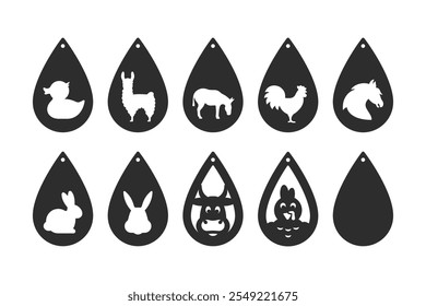 Conjunto de diseños de Vector con animales de granja para pendientes de lágrimas, colgante o llavero. Plantilla de corte de silueta de joyería divertida. Corte por láser con cuero, madera o metal