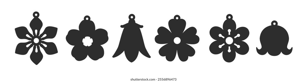 Set of vector designs with flowers for earrings, pendant or keychain. Jewelry silhouette laser cut template. Cnc cutting with metal, wood or leather