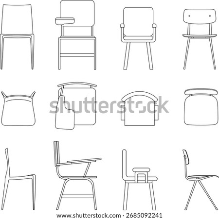 Set of vector designs of modern chair styles front, top, and side views