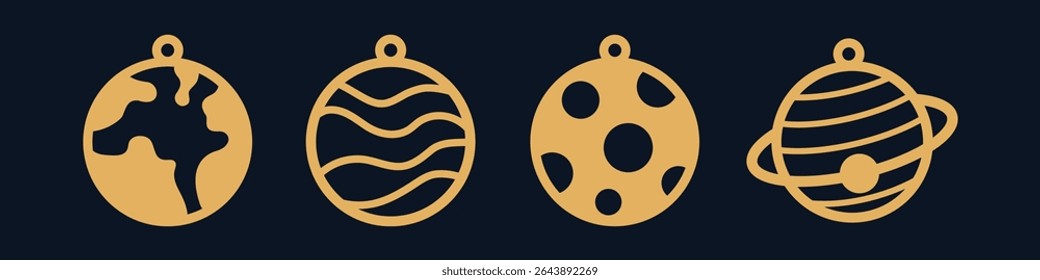 Conjunto de projetos vetoriais com planetas para brincos, pingente ou chaveiro. Modelo de corte de silhueta de joias de espaço. Corte a laser com couro, madeira ou metal. Bela bijouterie enforcamento cósmico
