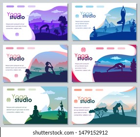 Set of vector designs for poster, magazine, brochure, booklet, web page. Practicing yoga on the nature with mountains and trees on a background.