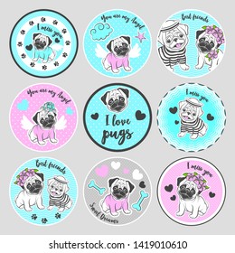 A set of vector designs for round rugs and medallions with puppy pugs
