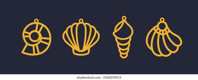 Set of vector designs with sea shells for earrings, pendant or keychain. Jewelry silhouette laser cut template. Cnc cutting with metal, wood or leather. Beautiful hanging bijouterie