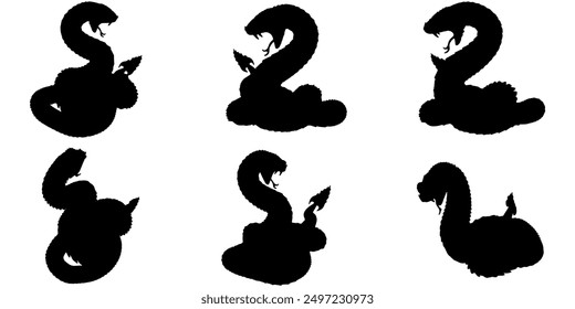 set of vector designs of silhouette illustrations of rattlesnake with several angles